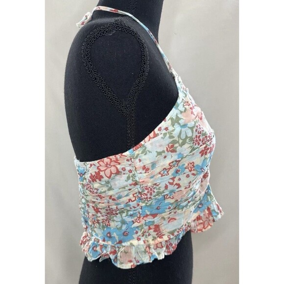 AMERICAN EAGLE Cropped Floral Cinch‎ Front Smocked Back Ruffle Halter XS NWT - Picture 4 of 10